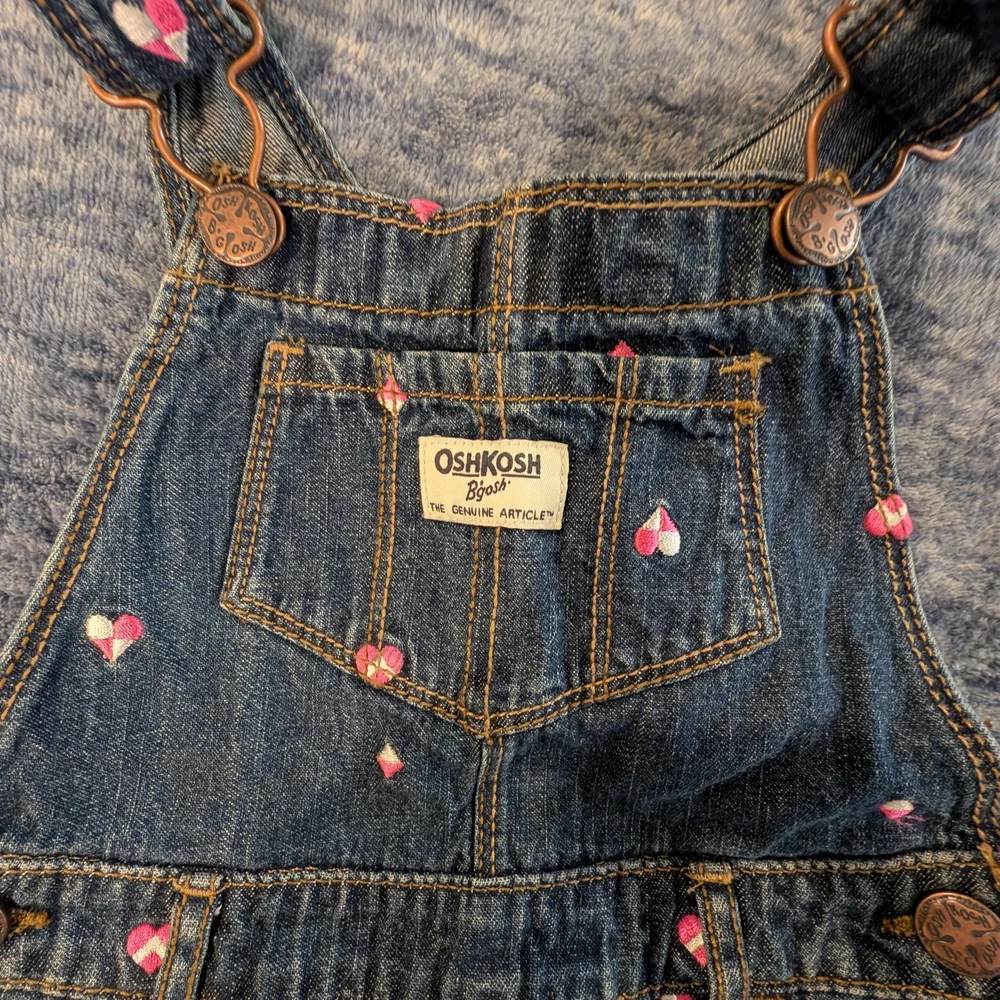 OshKosh B'gosh 4T Girls' Dark Blue Denim Overalls with Pink Heart Print
